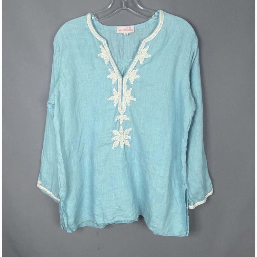 Mary‎ Marshmallow Top Womens XL Blue Linen Tunic Beaded Embroidered Boho Beach